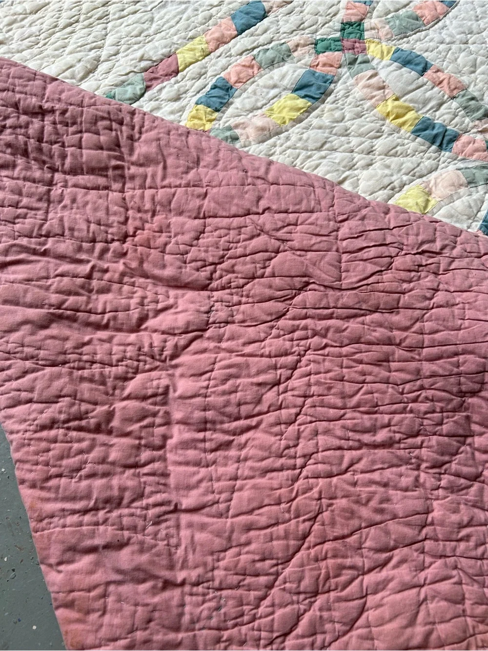 Vintage handmade White Patchwork Double Wedding Ring Quilt with Pastel Accents